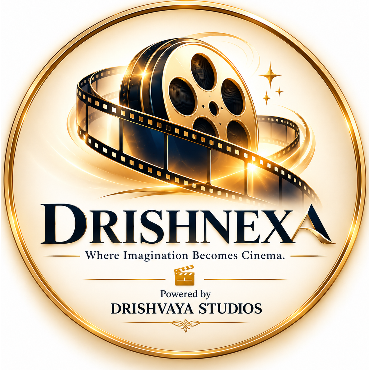 DRISHNEXA emblem — film reel and filmstrip in a gold ring