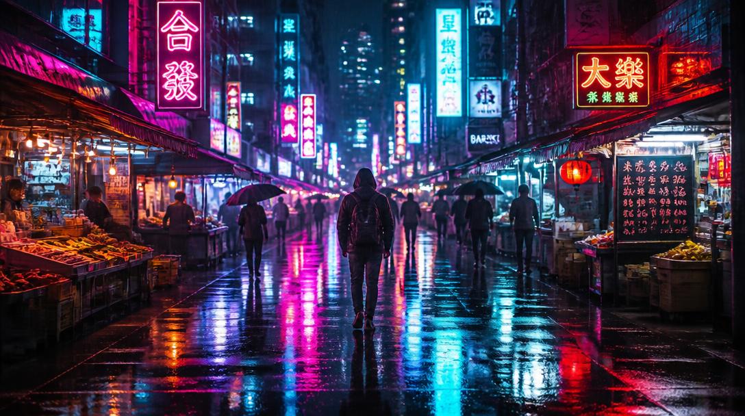 Illustrative rainy market frame