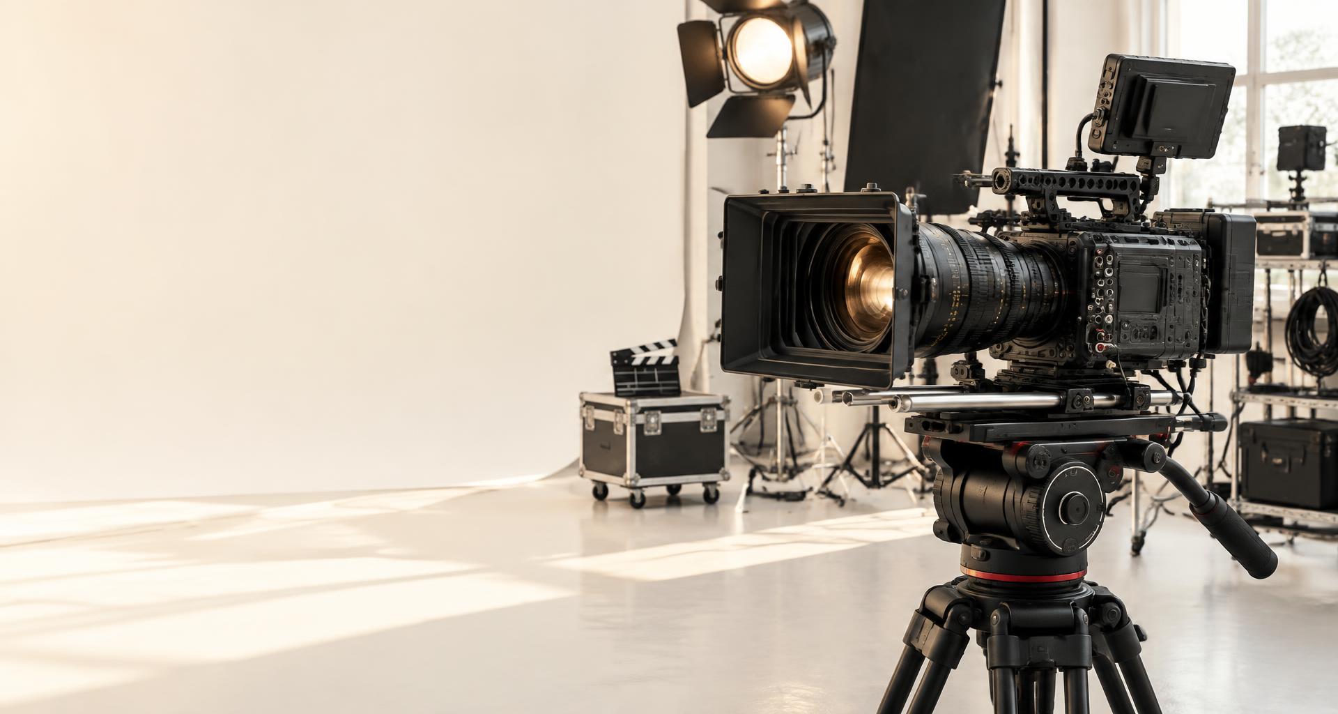Professional cinema camera and lighting in a film studio
